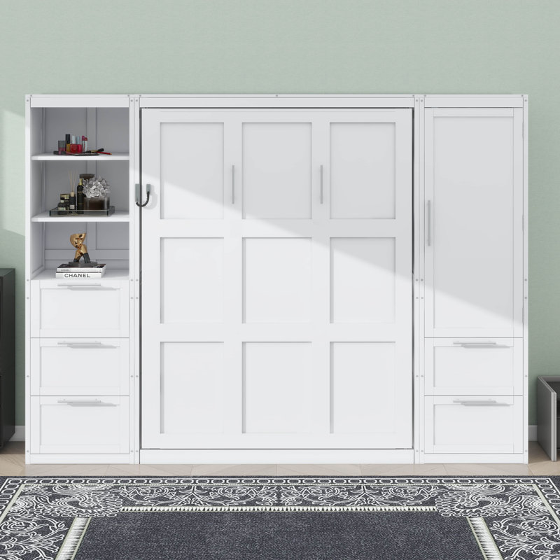 Grand lit escamotable mural avec garde-robe, tiroirs et tablettes, Blanc