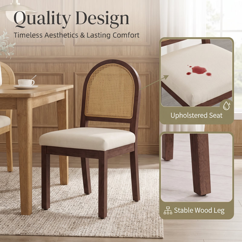 Chaise de salle à manger rembourrée Boho en tissu de style chenille crème et structure en bois d'hévéa massif, Noyer