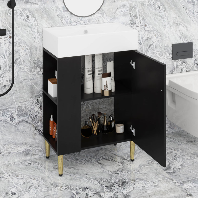 Meuble-lavabo simple 21,6 po avec tablette de rangement à gauche, Noir