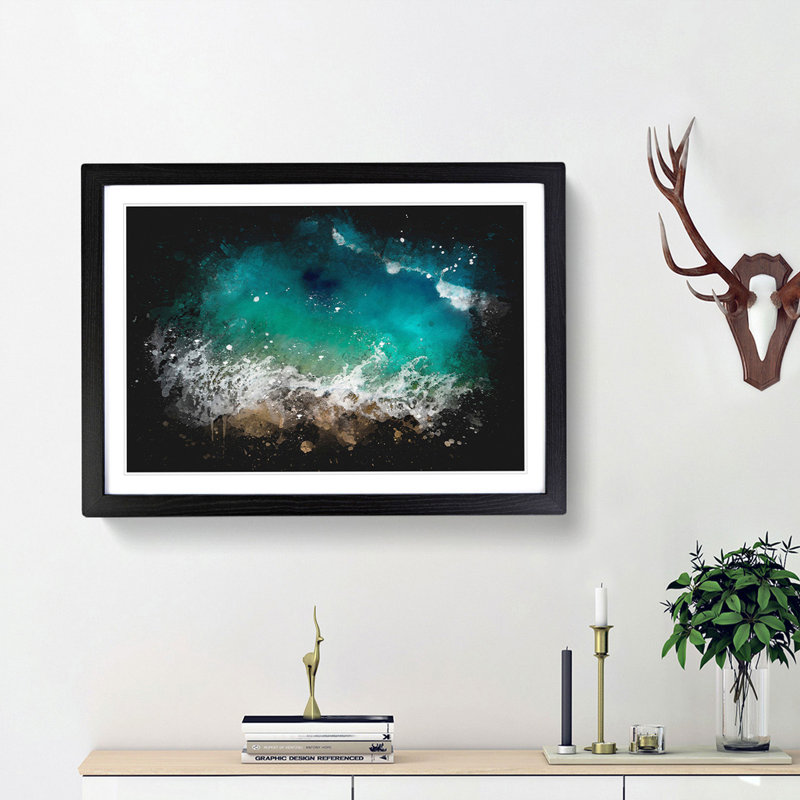 Beach In Honolulu Hawaii Paint Splash - Framed Print, 33cm H x 45cm W x 2cm D, Black Framed