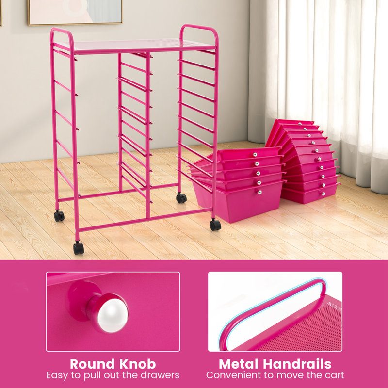Hot Pink Steel Frame 15-Drawer Rolling Storage Cart