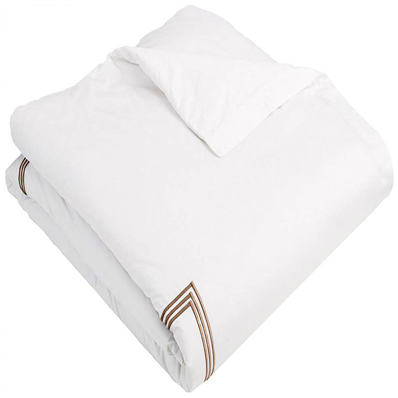 400TC Cotton Triple Embroidery Sateen Solid Duvet Cover Set, White/Taupe, California King/King Duvet Cover