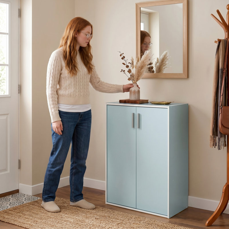 Bibliothèque de rangement à 3 niveaux en bois 35,5 "avec portes, Bleu clair