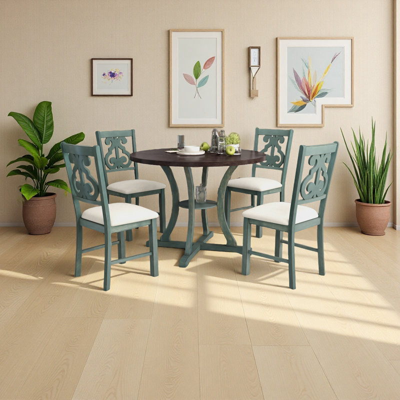 Table de salle à manger 5 pièces et 4 chaises en tissu avec pieds de table et tablette de rangement, Noyer / vert