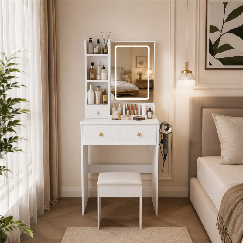 Modern Small Makeup Vanity Desk with 3-Mode Dimmable LED Lights, 3 Drawers & Multi Open Storage Shelves, Hair Dryer Holder and Power Outlet, Dressing Table with Stool for Bedroom