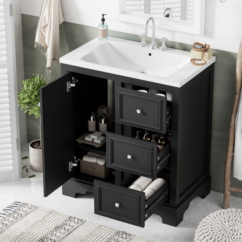 Armoire de meuble-lavabo 30 po avec lavabo en céramique, 3 tiroirs et tablettes réglables, Noir