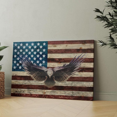 «Rustic Wood», drapeau américain, aigle géométrique, toile murale 24 x 16 pouces, décoration murale, jour commémoratif