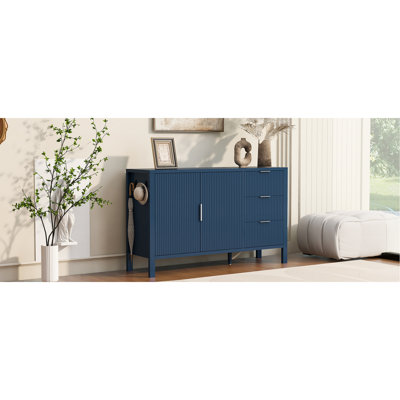 Modern Wave-pattern Sideboard, Navy Blue Mdf, Spacious Storage, For Living Room
