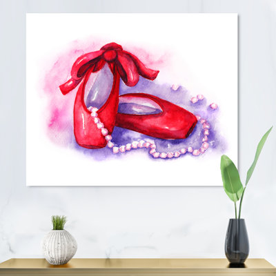 Red Pointe Shoes With Pink Bead - reproduction sur toile avec cadre flottant