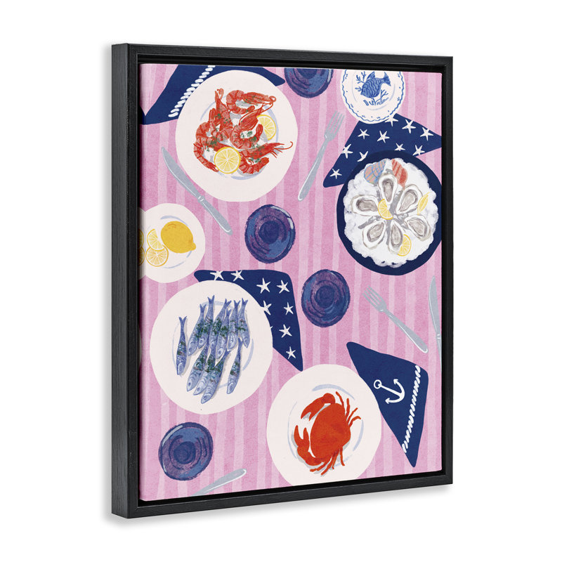  Seafood Plates Table Canvas Wall Art by Be Ni La, Jet Black Floater Frame, 21" H x 17" W