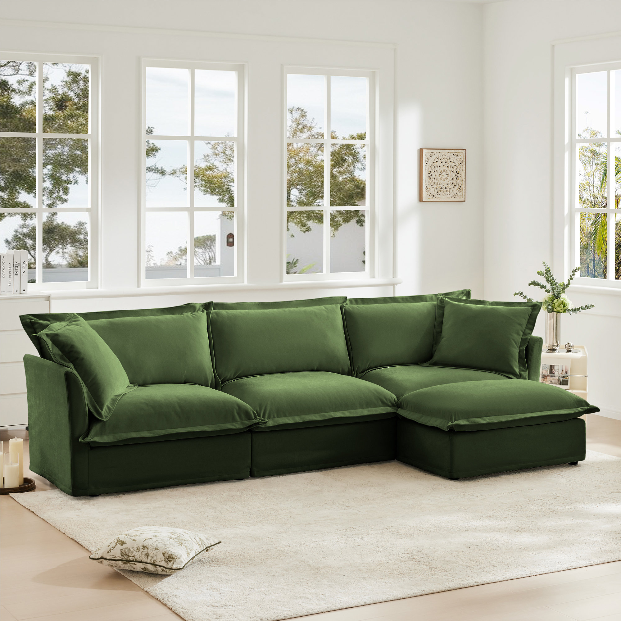 Latitude Run® L-shaped Slipcovered Sectional Sofa In Green Chenille ...