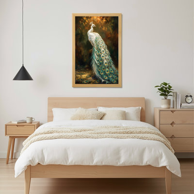 Art mural encadré d'aspect chêne naturel pour salon, chambre à coucher, bureau ou vestibule - décoration murale décorative avec plume de paon