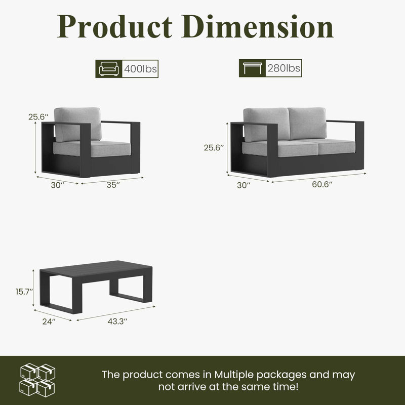 Modern Outdoor Aluminum 4-piece Conversation Set With Coffee Table, Grey Cushion/Black Frame