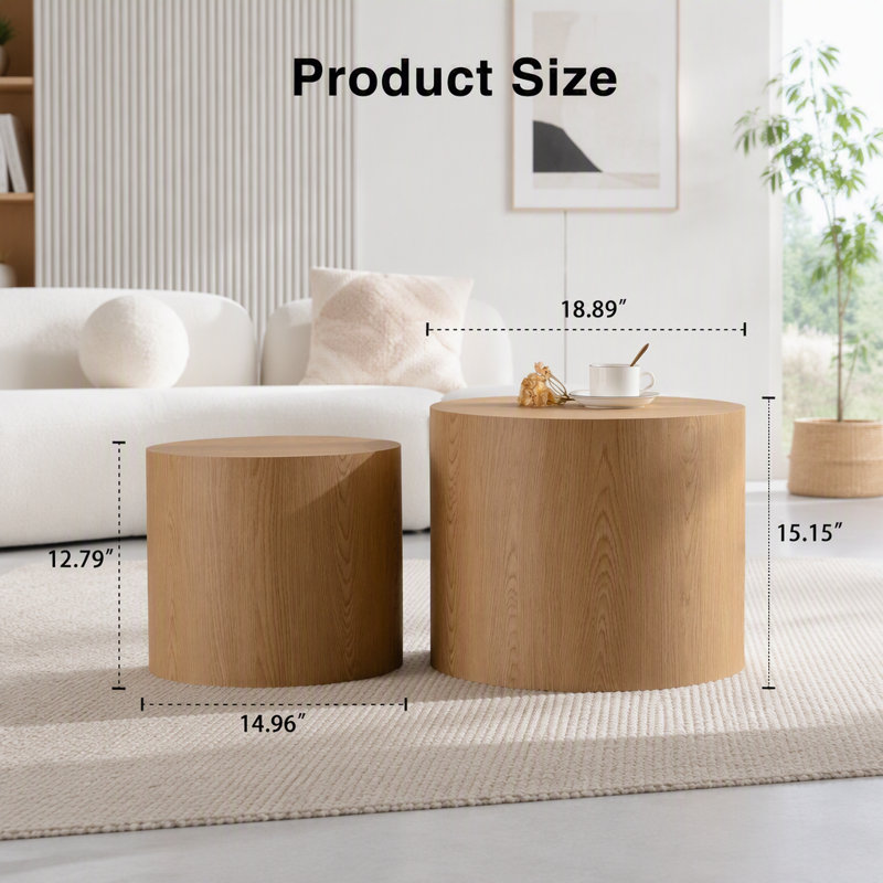 Ensemble de 2 tables basses gigognes rondes en bois, Natural Wood