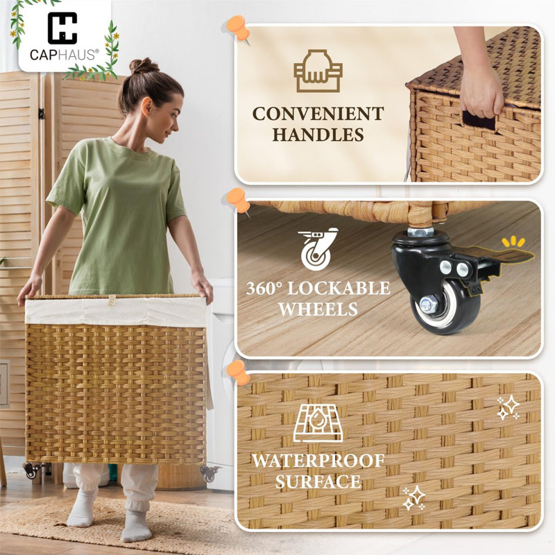 Natural Rattan 160L Laundry Hamper with Wheels and Lid