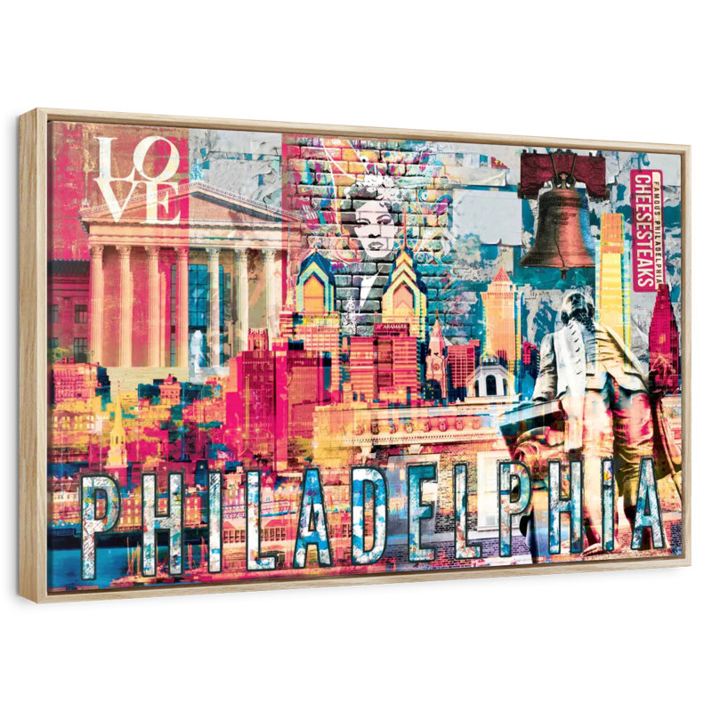 Monuments de Philadelphie, grunge, Cadre flottant en bois naturel, 46 po x 31 po
