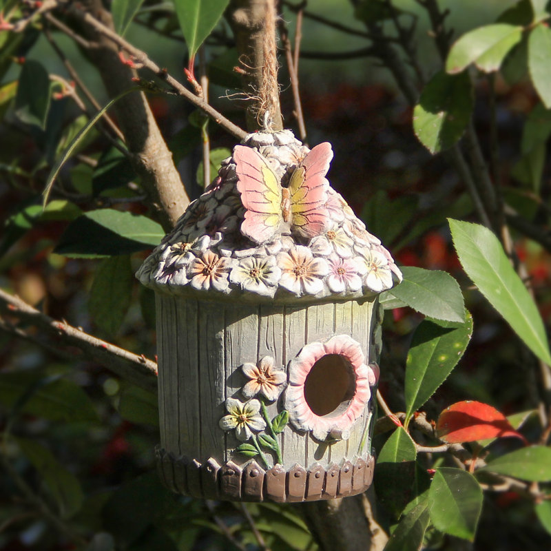 Maison d'oiseaux suspendu en résine à énergie solaire avec poteau de jardin décoratif