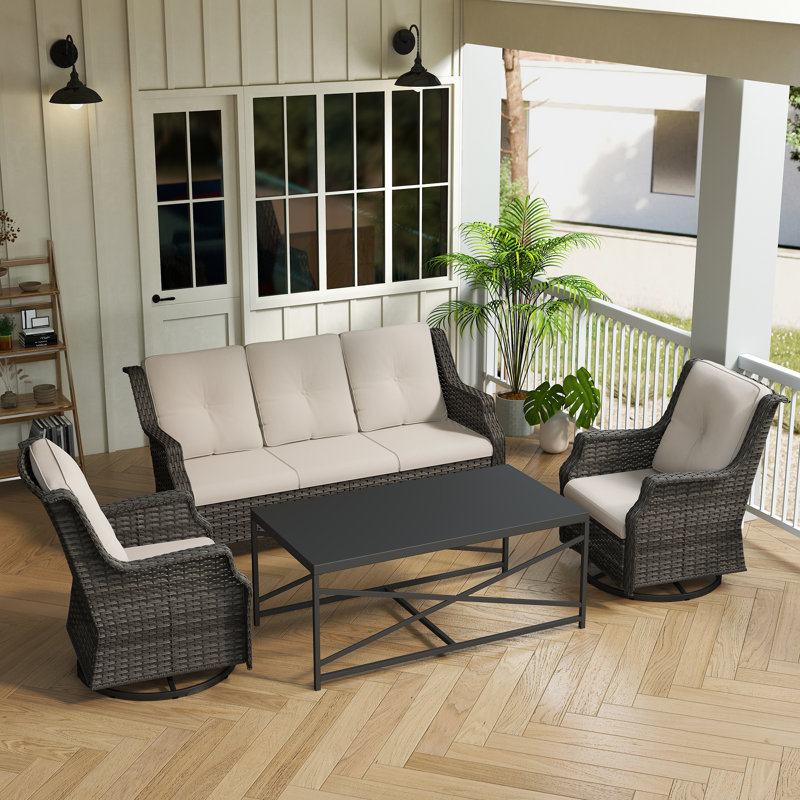 Ensemble de patio extérieur en osier 5 personnes avec canapé 3 places, chaises, table basse et coussin, Beige