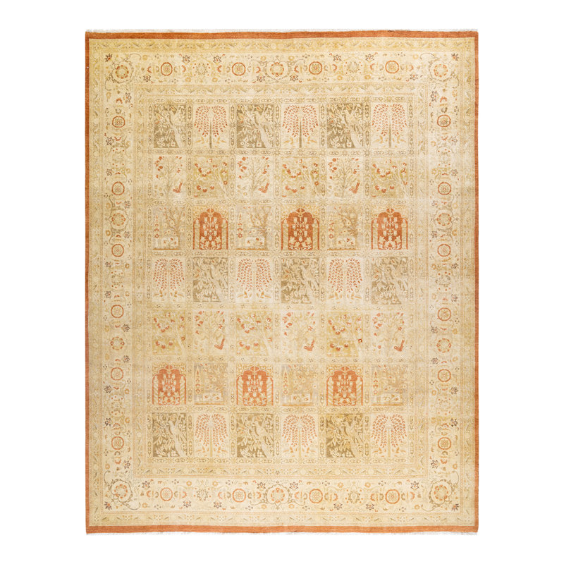Tapis brun noué à la main de conception unique et unique 8 pi 2 po x 10 pi 5 po Oakhur