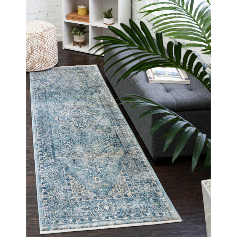 Tapis traditionnel Orea bleu-brun clair, Tapis de couloir 2 pi 7 po x 10 pi 2 po