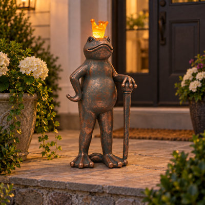 Statue de jardin Roi Grenouille Solaire avec Couronne Lumineuse, Figurine Animale d'Extérieur en Résine pour Pelouse, Terrasse et Jardin