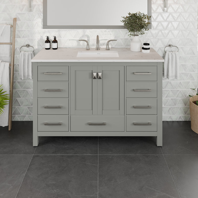 Minnich 48"W x 22"D Bathroom Vanity with Undermount Porcelain Sink, Gray, Quartz - White Carrara