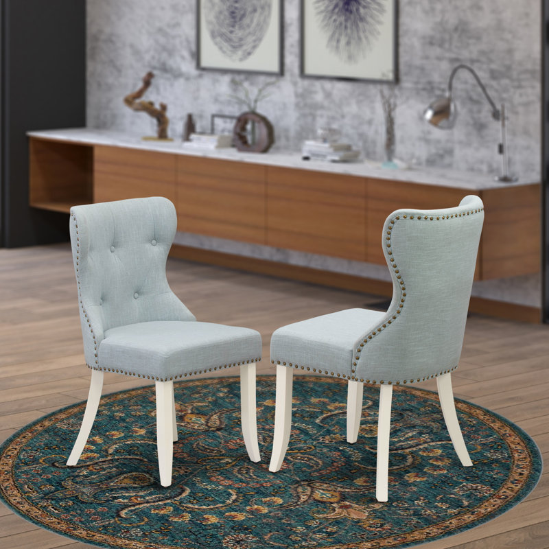 Sion Parson Kitchen Chairs - Button Tufted Nailhead Trim Baby Blue Linen Fabric Upholstered Dining Chairs, Set of 2, Linen White