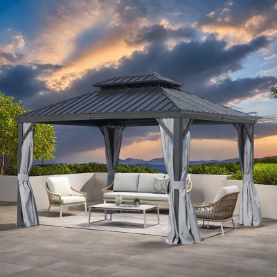 10 pi. L 12 pi. D Pavillon de jardin extérieur en aluminium avec toit double et rideaux en métal