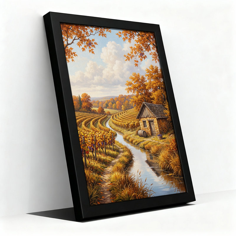 «Autumn Vineyard with Stone Cottage and Stream», art mural, H 24 po x l 16 po