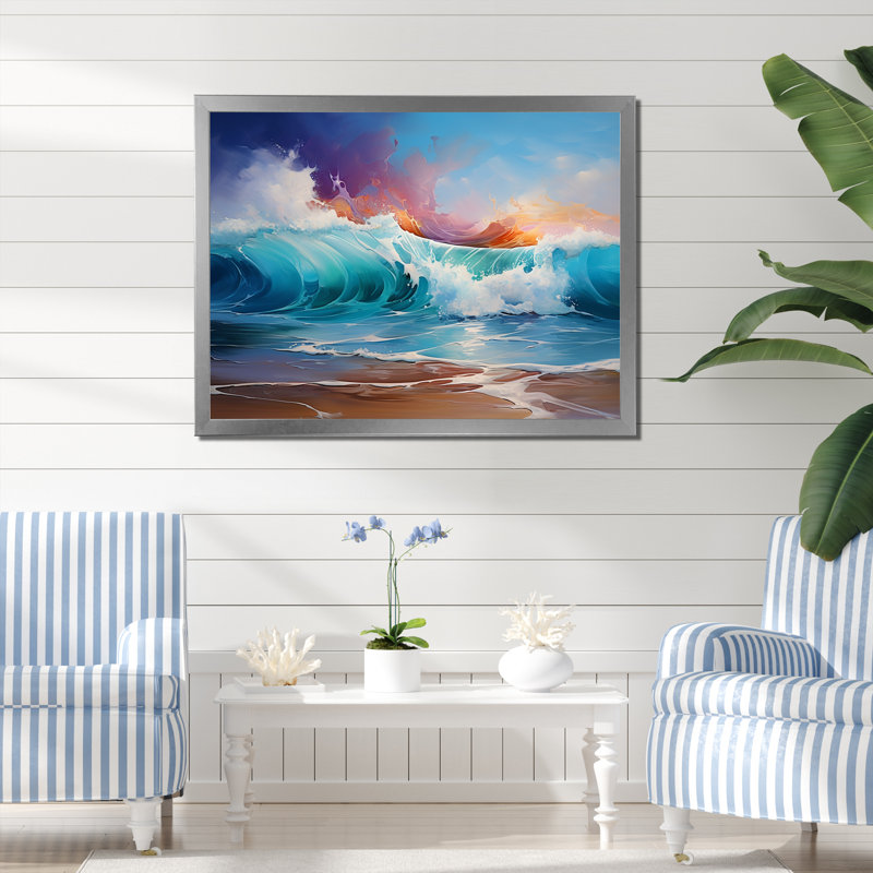 «Shorline Waves Sunset 2» - art mural vagues côtières, Cadre flottant doré, H 12 po x l 20 po x P 1 po