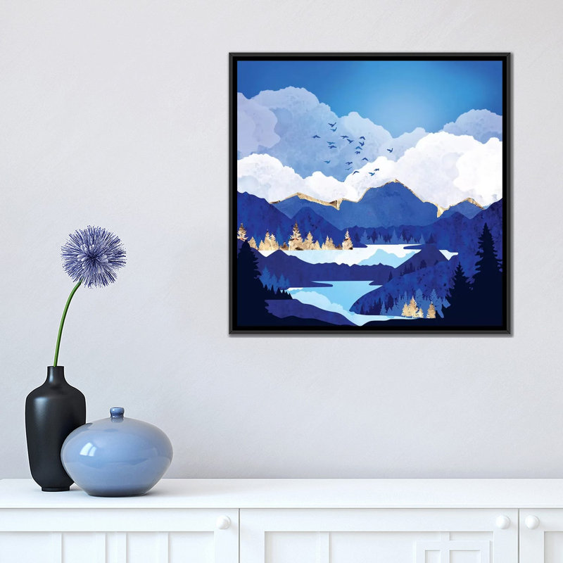 «Blue Lake», reproduction d'impression, Pas de tapis, H 18 po x l 18 po x 1,5 po, Toile avec cadre noir