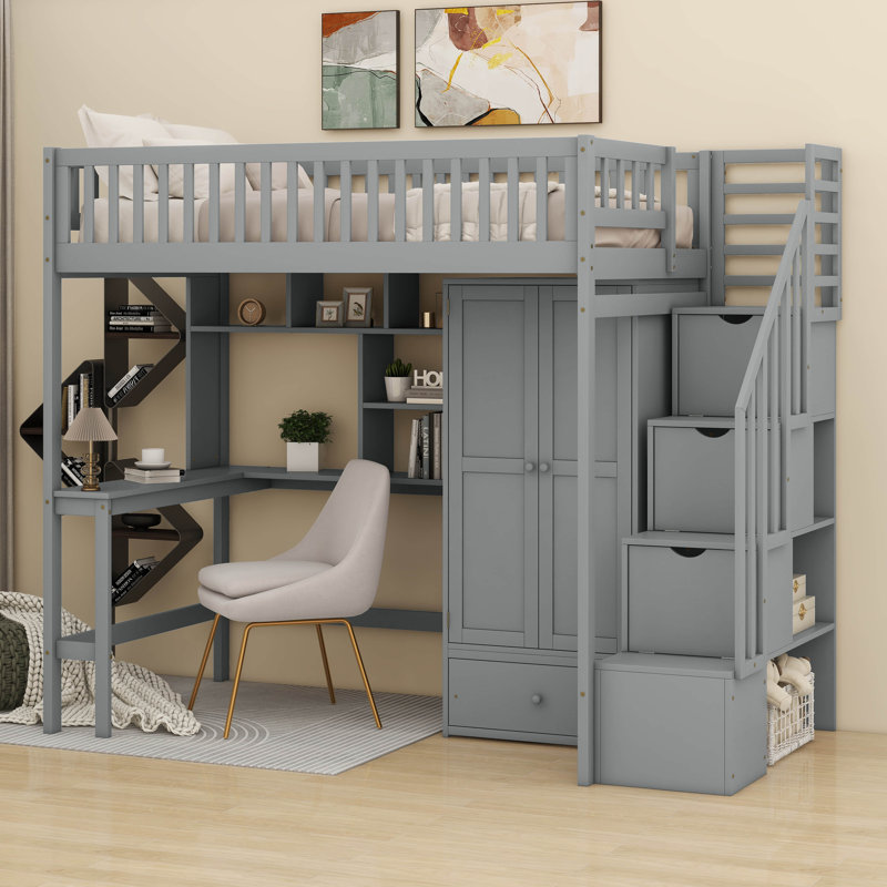 Lit mezzanine simple avec bibliothèque, tiroirs, bureau et garde-robe, gris
