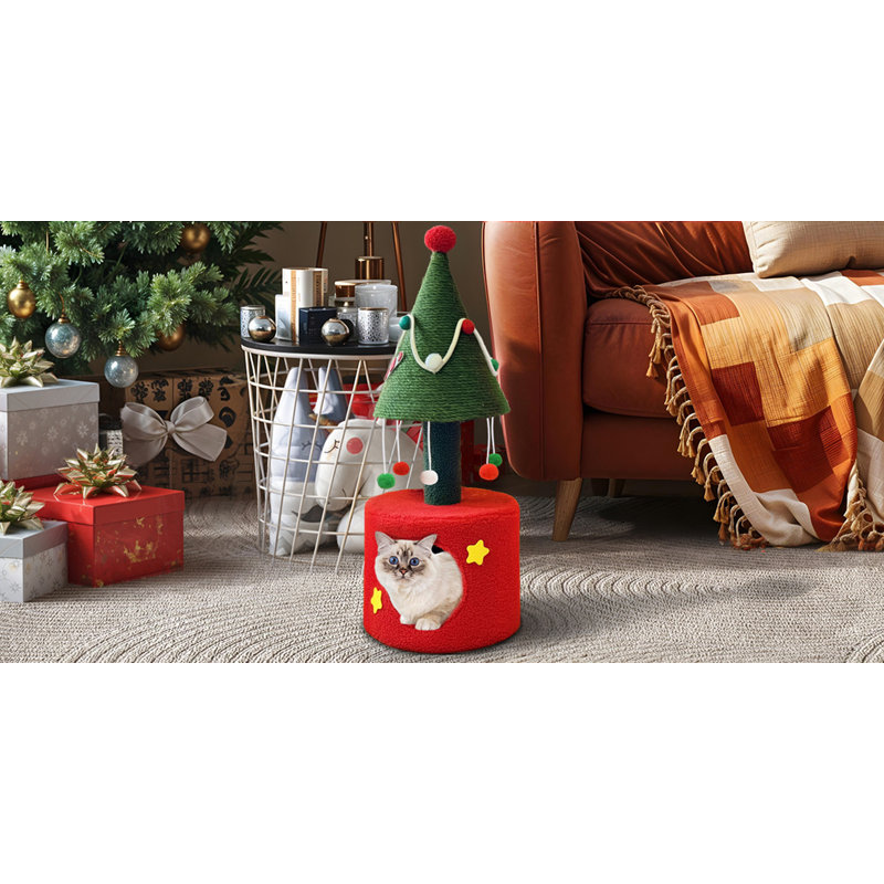 Festive Green and Red Sisal Christmas Cat Tree with Hideaway Cave