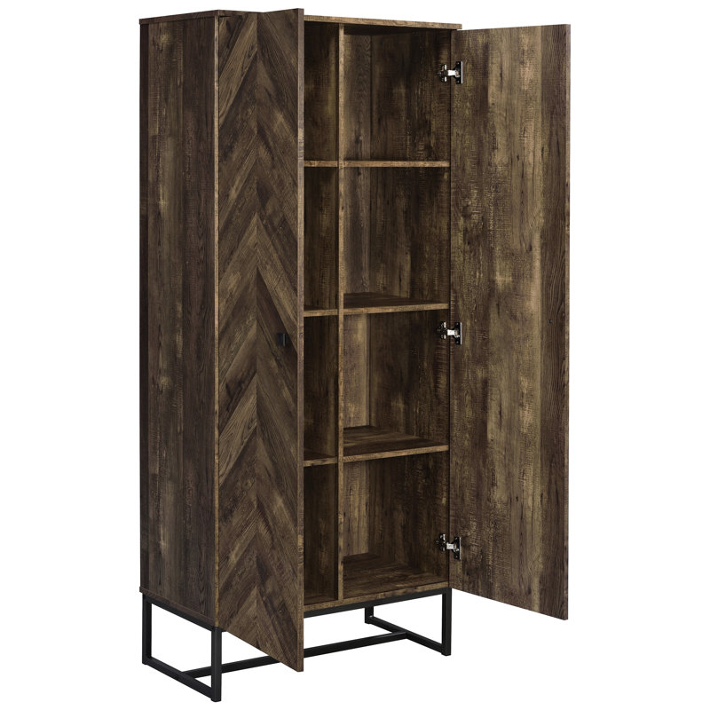 Armoire de rangement haute avec 8 compartiments, chêne rustique et bronze, idéale pour les articles de garde-manger