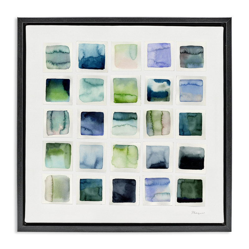 Aquarelle sur toile à motifs carrés par Stephanie Ryan, Cadre flottant noir de jais, H 25 po x l 25 po
