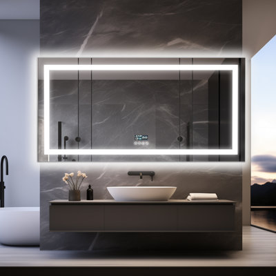 Smart LED Bathroom Mirror with Bluetooth Speaker, Time & Date Display, Front & Backlit, 3-Color Temperature, Dimmable Brightness, Anti-Fog, Tempered Glass, IP65 Waterproof