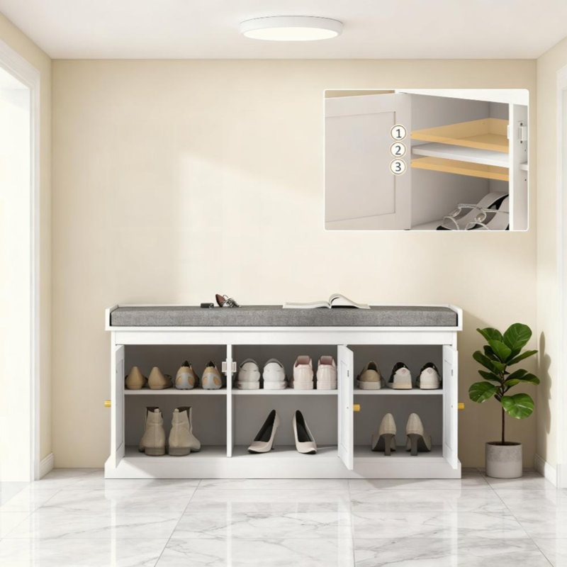 Banc de rangement pour chaussures avec portes en rotin tissé, banc de chaussures avec coussin, Gris / Blanc