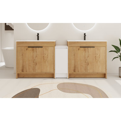 Diandrea 84'' Bathroom Double Vanity with 5 Doors and Ceramic Basin Sink & White Freestanding Storage Cabinet