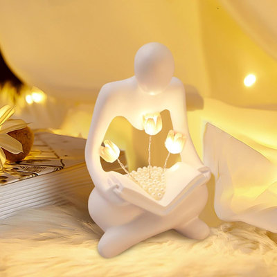 Statue de lecture de femmes avec lampe tulipe, sculptures de penseur ...