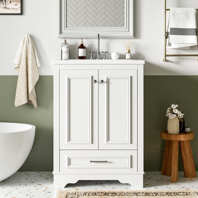 24'' Bathroom Vanity With Ceramic Sink Combo, Silver, White