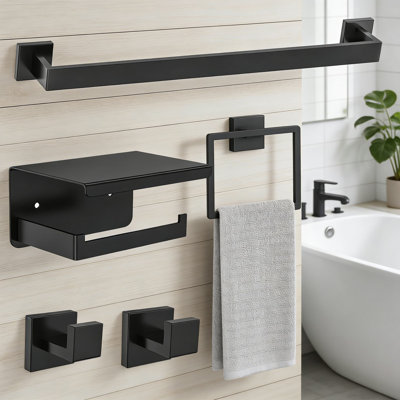 Matte Black Bathroom Hardware Set, 5-Piece Stainless Steel Towel Bar Holder Combo With 16-Inch Towel Bar, Towel Ring, Toilet Paper Holder And Hooks For Wall Mounted Installation