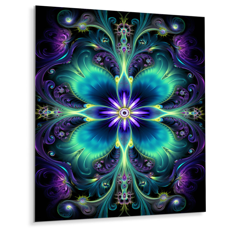 Turquoise néon fractal fleurs I - Boho Mandala Wall Art, Pas de métal encadré, H 40 po x l 30 po x P 1,5 po