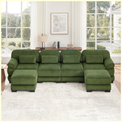 Canapé modulaire en U de 152,7 po à 4 places avec 2 repose-pieds, coussins épais, velours côtelé respirant, vert olive