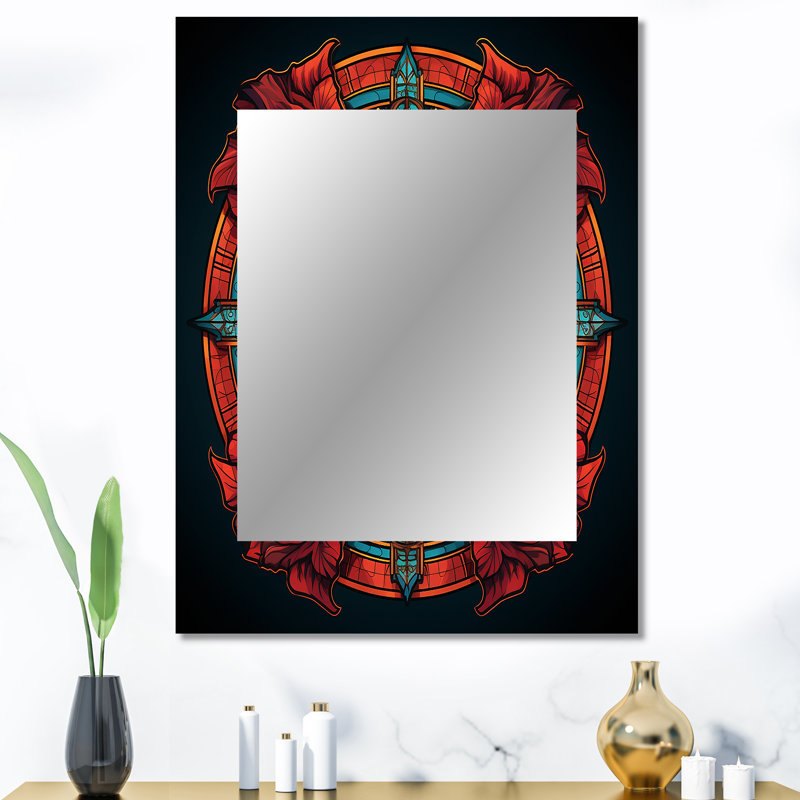 Retro Floral Mandala In Red And Turquoise - Boho Mandala Wall Mirror, Traditional Decorative Mirror, Printed Metal Art