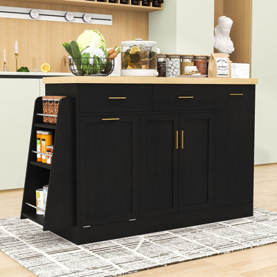 Élégant îlot de cuisine avec compartiment à poubelle caché, portes coulissantes, tablette réglable et support à épices
