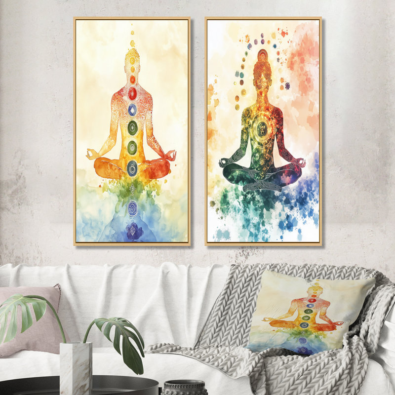 Chakras en équilibre radieux I - Décoration murale Yoga en 2 pièces pour salon, 40" H x 40" W, Natural Floater Framed