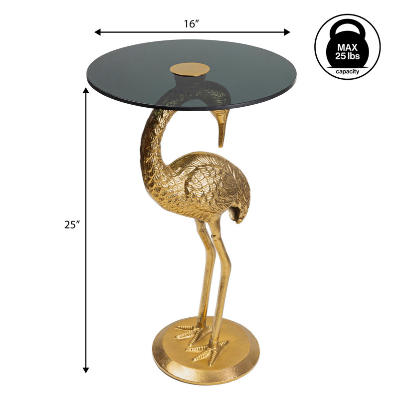 Breydan 25" Classic Mid-Century Glass Top Flamingo End Table, Gold/Black