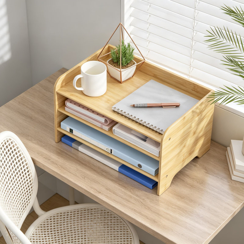 Organisateur de bureau en bambou avec plateau à lettres à 3 niveaux, classeur en bois et support de courrier pour comptoir, rangement de documents en papier A4 pour fournitures scolaires de bureau à domicile