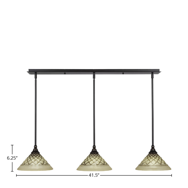 3 Light Stem Hung Linear Pendalier Shown With 10" Chocolate Icing Glass, Dark Granite