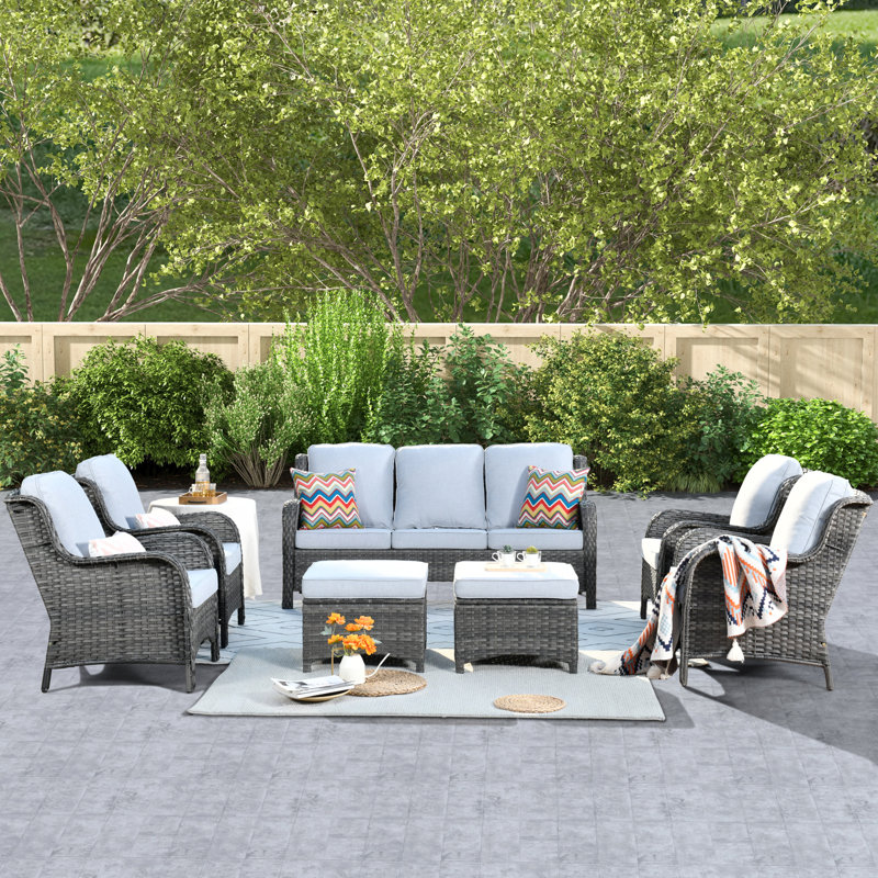 7 - Person Patio Conversation Set with Cushions, Beige, Brown 